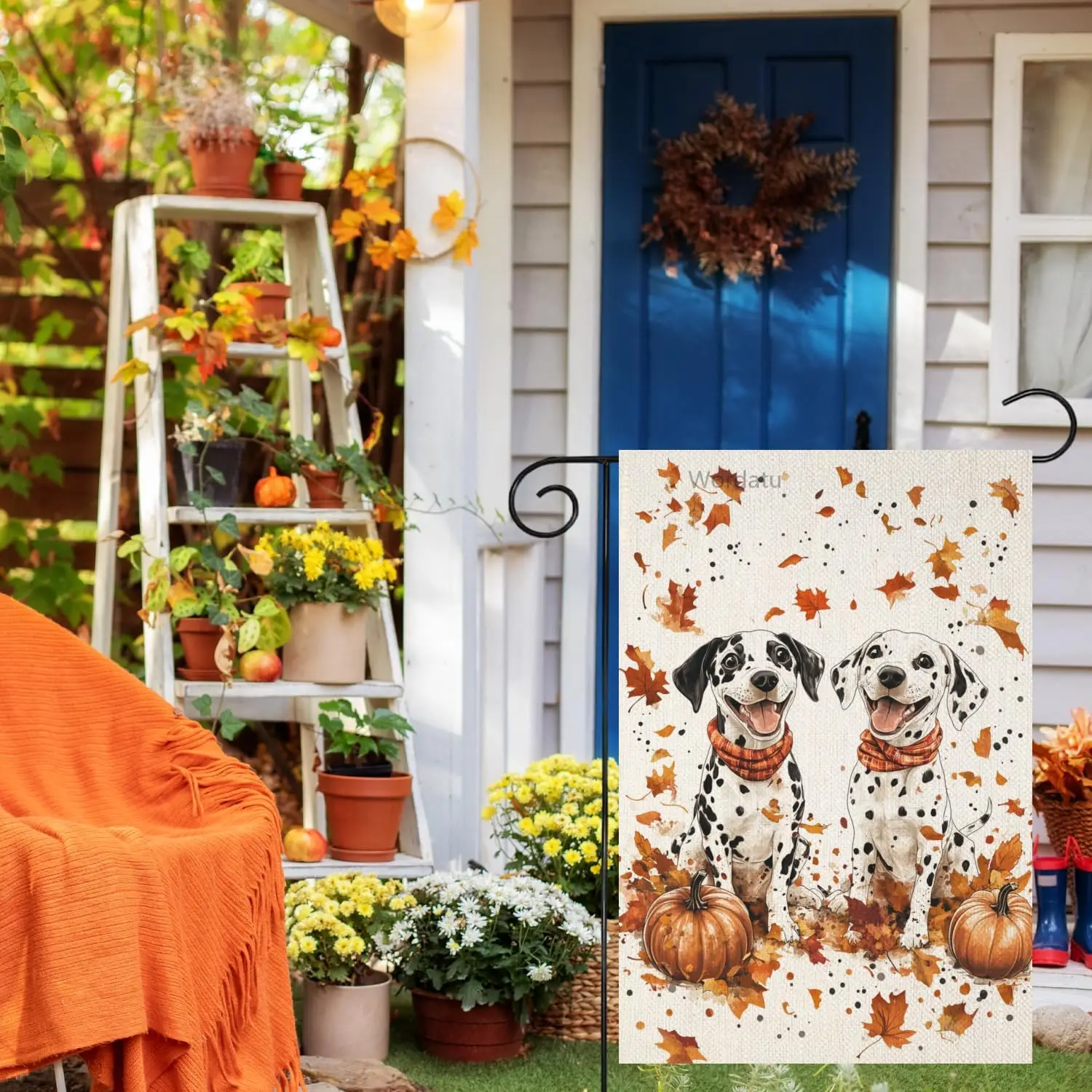 Hello Fall Dalmatian Garden Flag 12x18 Inch Double Sided for Outside, Autumn Leaves Thanksgiving Maple leaf And Pumpkin Outd UUX