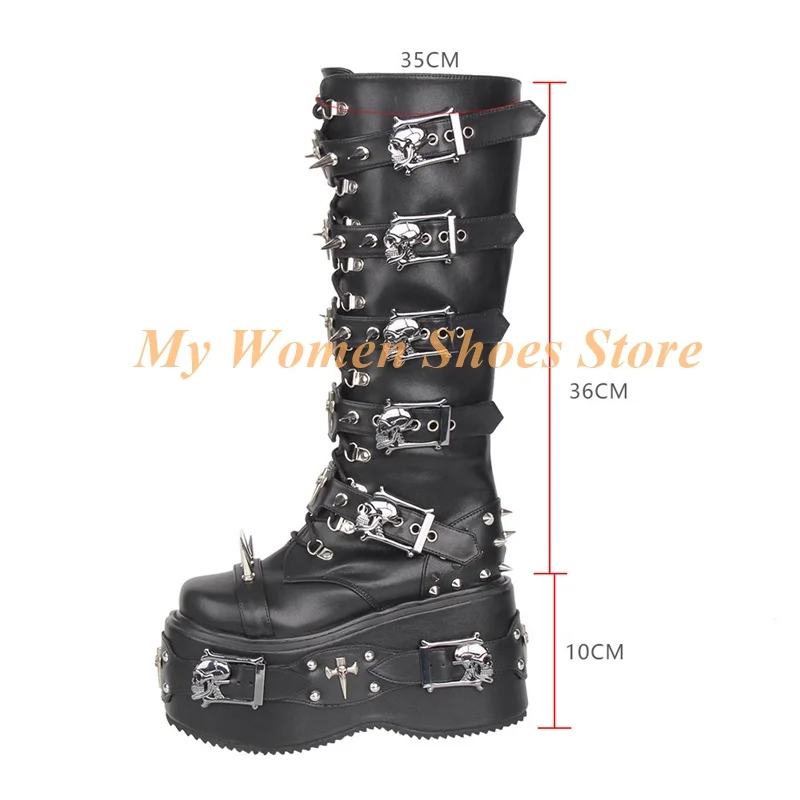 Rivet Platform Knee High Boots Heavy Metal Decorations Platform Thick Muffin Heel Buckle Strap Black Matte Leather 2026 Boots