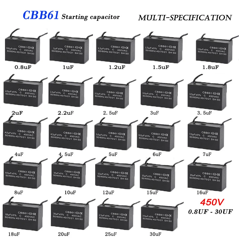 CBB61 450V Start Capacitor 0.8 1 1.2 1.5 2 2.5 3 4 5 6 7 8 10 12 14 15 16 18 20 25UF UF Fan Ceiling Exhaust Motor Run Capacitors