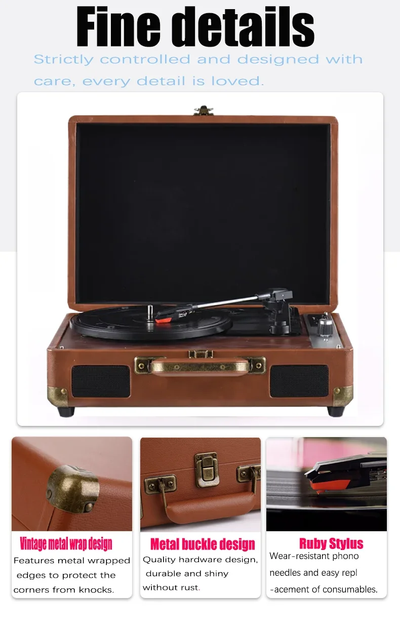 Vintage Portable Handheld Vinyl Record Player, Turntable Three Speed Adjustable Ruby Stylus Bluetooth 5.0 Cube Sound Output