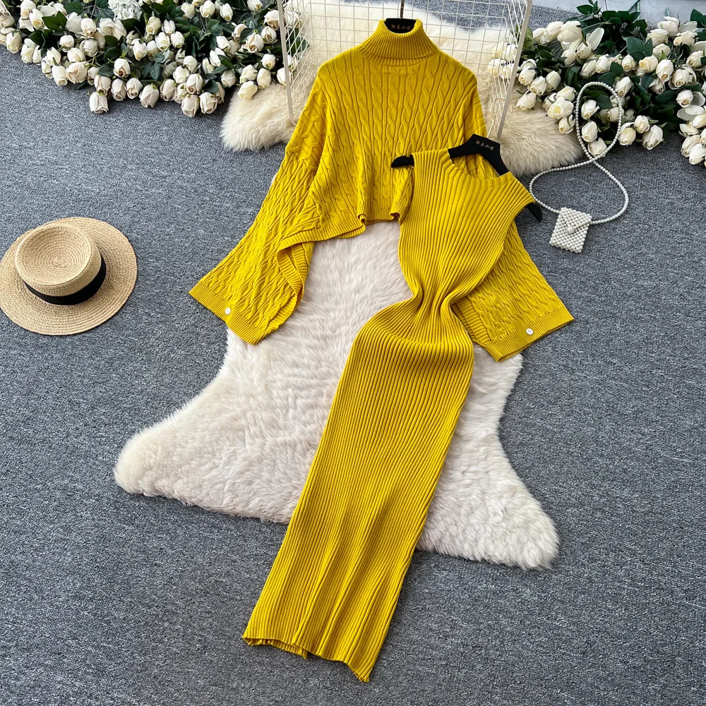 

Women Knitted Dress Sets Y2k Matching Set Stand Collar Top Round Neck Sleeveless High Waist Dress Loose Casual 2025 Autumn