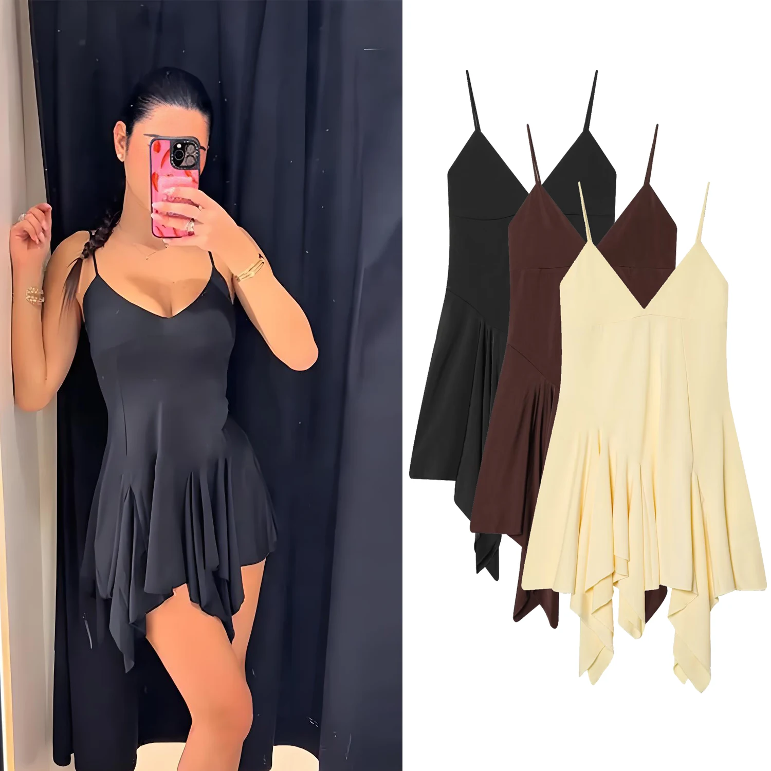 Damen Asymmetrisches Plissee-Kleid Sommer Sexy Schlankes Plissee-Kleid mit V-Ausschnitt Rückenfreies Ärmelloses Loses Kleid Strandkleid für Damen