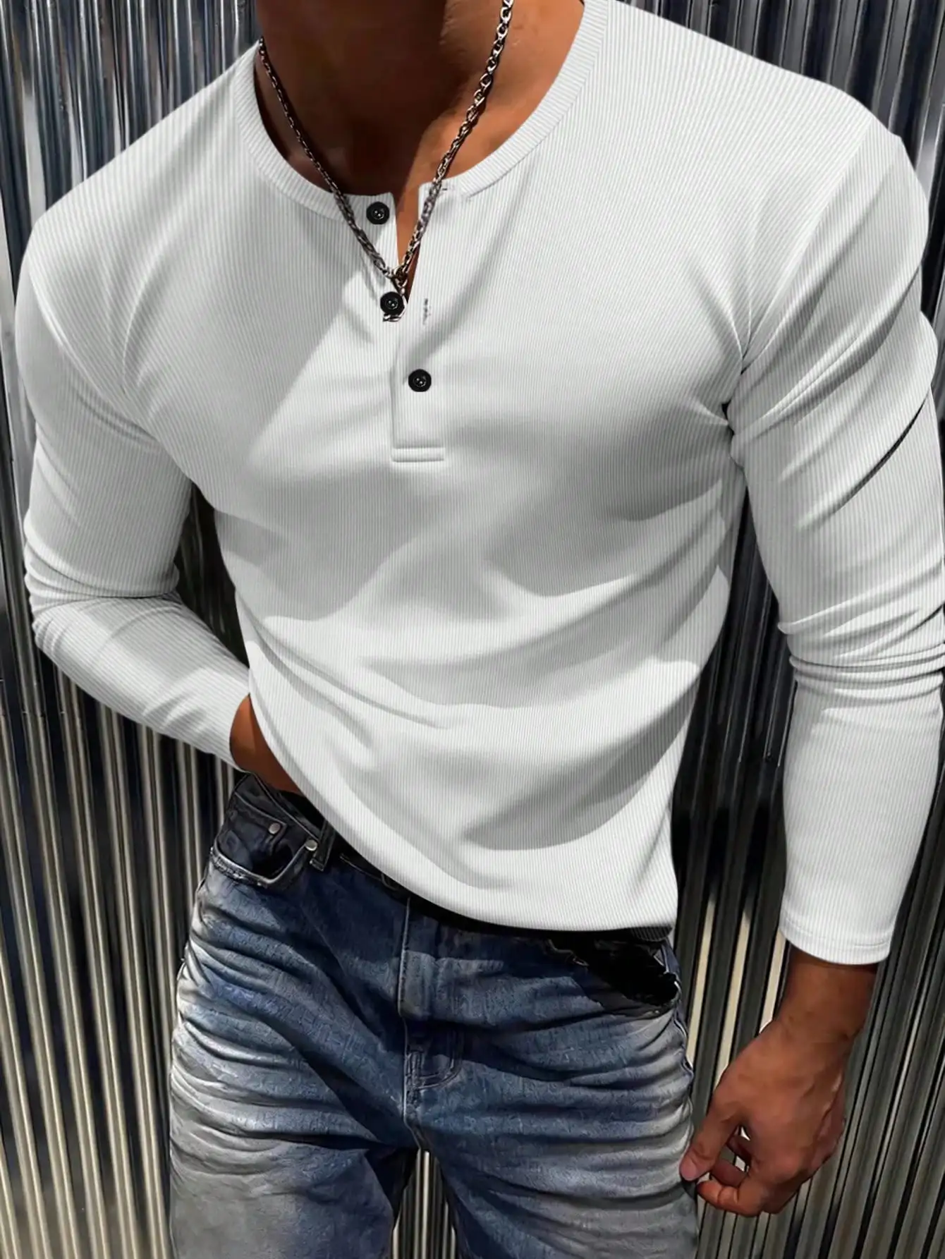 

Men's Ribbed Henley Long Sleeve T-Shirt Lightweight Casual Fit for Daily Wear