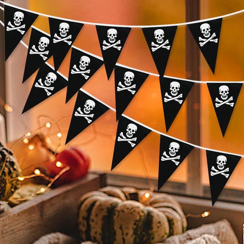 5m Halloween Pirate Skull Banners Horror Black Skull Triangle Flags Garlands For Kids Pirate Theme Birthday Party Hanging Decor