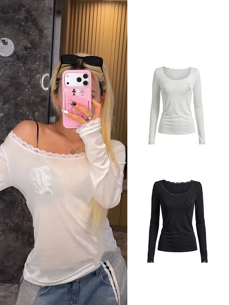 Lace Trim Long Sleeve T-Shirt Women's Sun Protection See through Cover up Top Low Cut round Neck One Shoulder Design