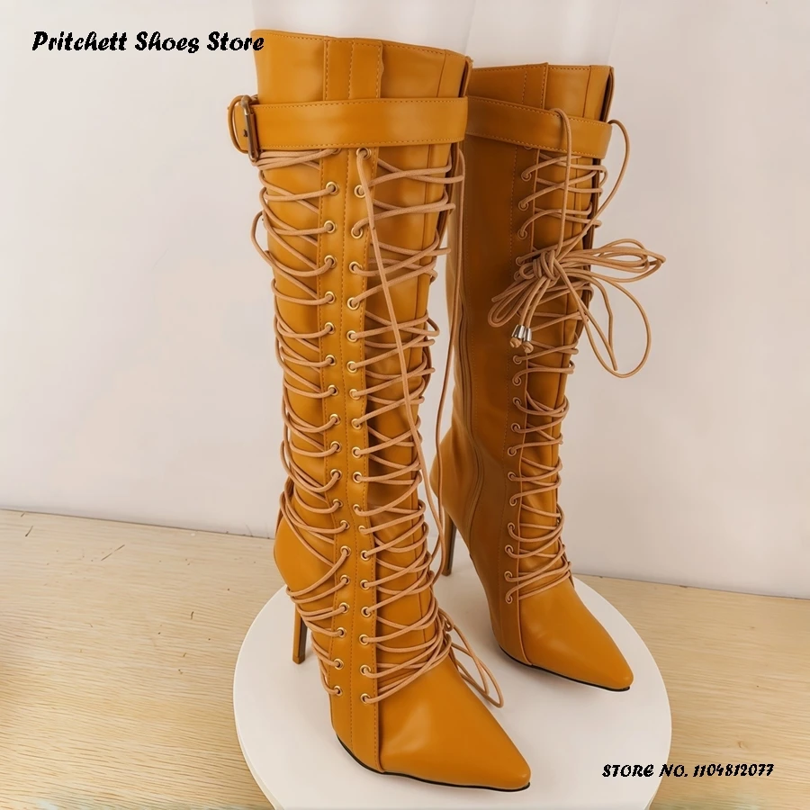 

Spring Autumn Cross-tied Modern Boots Women's Solid Plus Size Trending Stiletto Shoes Pointed Toe Thin Heels Knee-high Boots