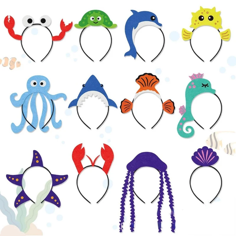 12pcs Ocean Birthday Party  Hair Hoop Under The Sea Octopus Whale Seahorse Crab Heawear Mermaid Headband Stage Performance Props