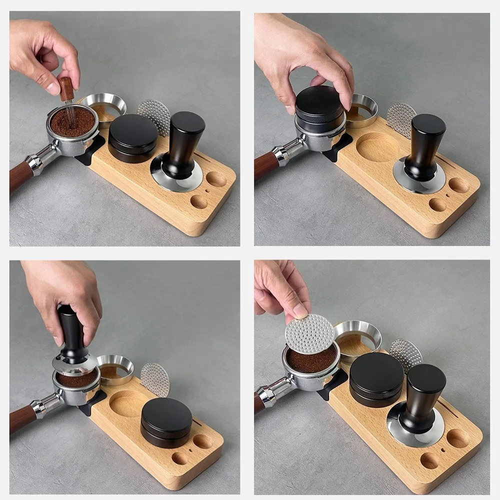 Punana Powder pressing station solid wood tamping base Coffee Filter Tamper Holder Portafilter Mat Stand for 51mm-58mm( 9-in-1)