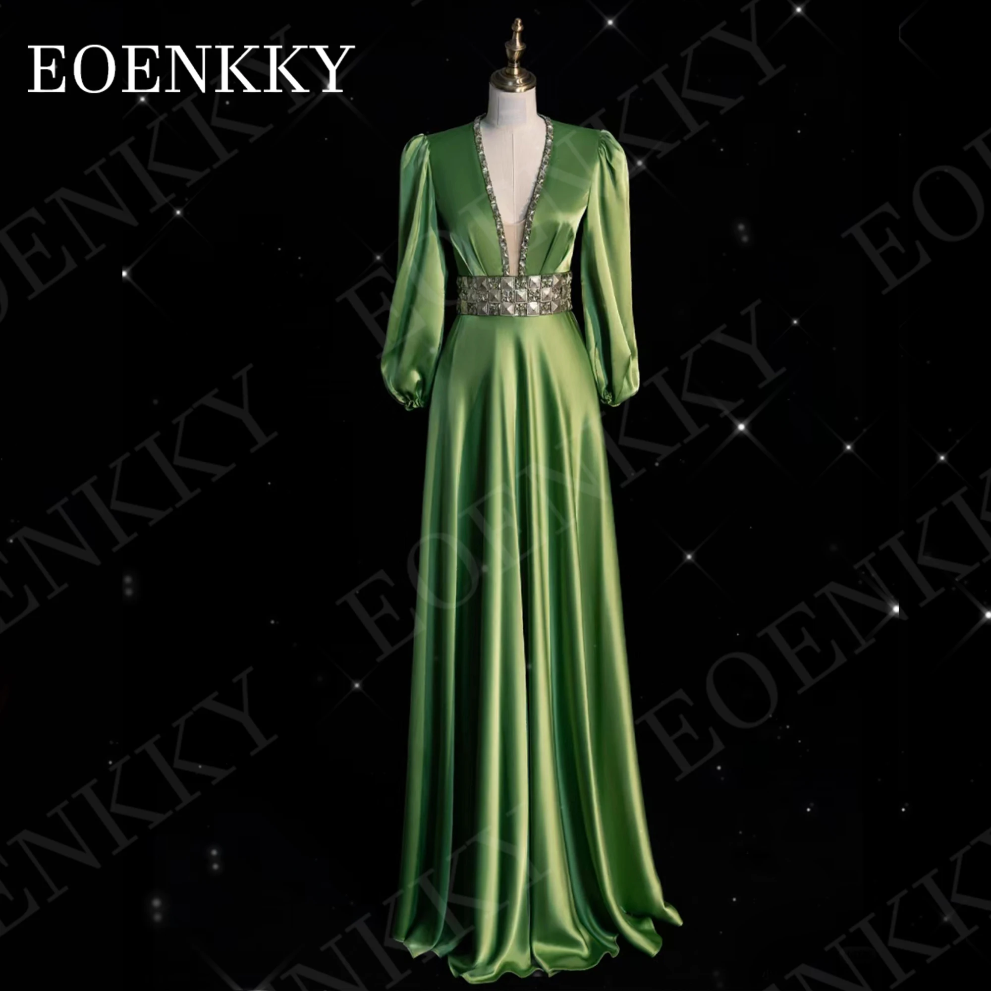 

EOENKKY Luxury Green Evening Dress for Women Customized Floor Length Formal Three Quarter Sleeves A Line Prom Dresses V Neck