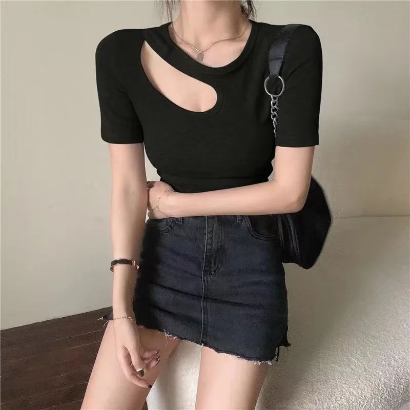 Neue Sommer Aushöhlen Sexy T-shirt Frauen Vintage Y2K Crop Tops Frau Dünne Koreanische Mode T Shirt Femme Loch Kleidung Kpop 90S