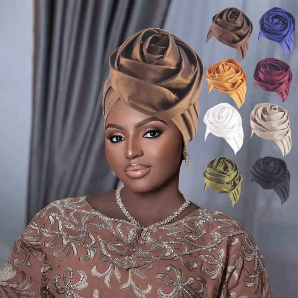 

Raw Silk African Turban Caps Headwear Big Rose Flower Nigerian Wedding Geles Lightweight Breathable Head Wraps Party Headgear