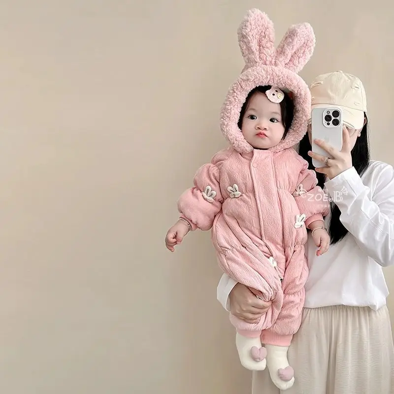 

2025 Baby Winter Romper Princess Rabbit Ear Cotton Padded Jumpsuit Adorable & Warm Outfit for Newborn Girls 0-24 Months