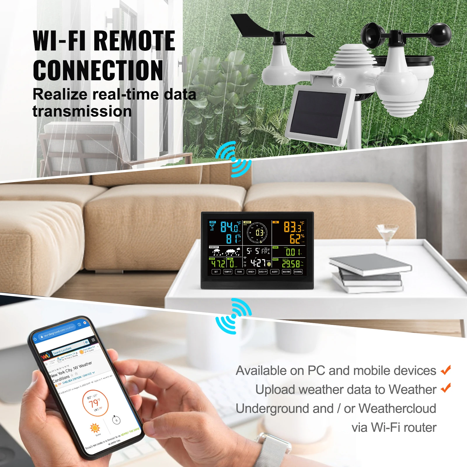 Метеостанция Wi-Fi VEVOR 7-в-1, цветной дисплей 7,5 дюйма и солнечный беспроводной наружный датчик, оповещения о сигнализации для температуры и влажности