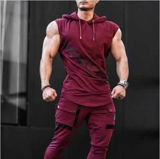 Men\'s leisure sports vest fitness show muscle men\'s sports leisure running training clothes sleeveless hooded vest outdoor stree