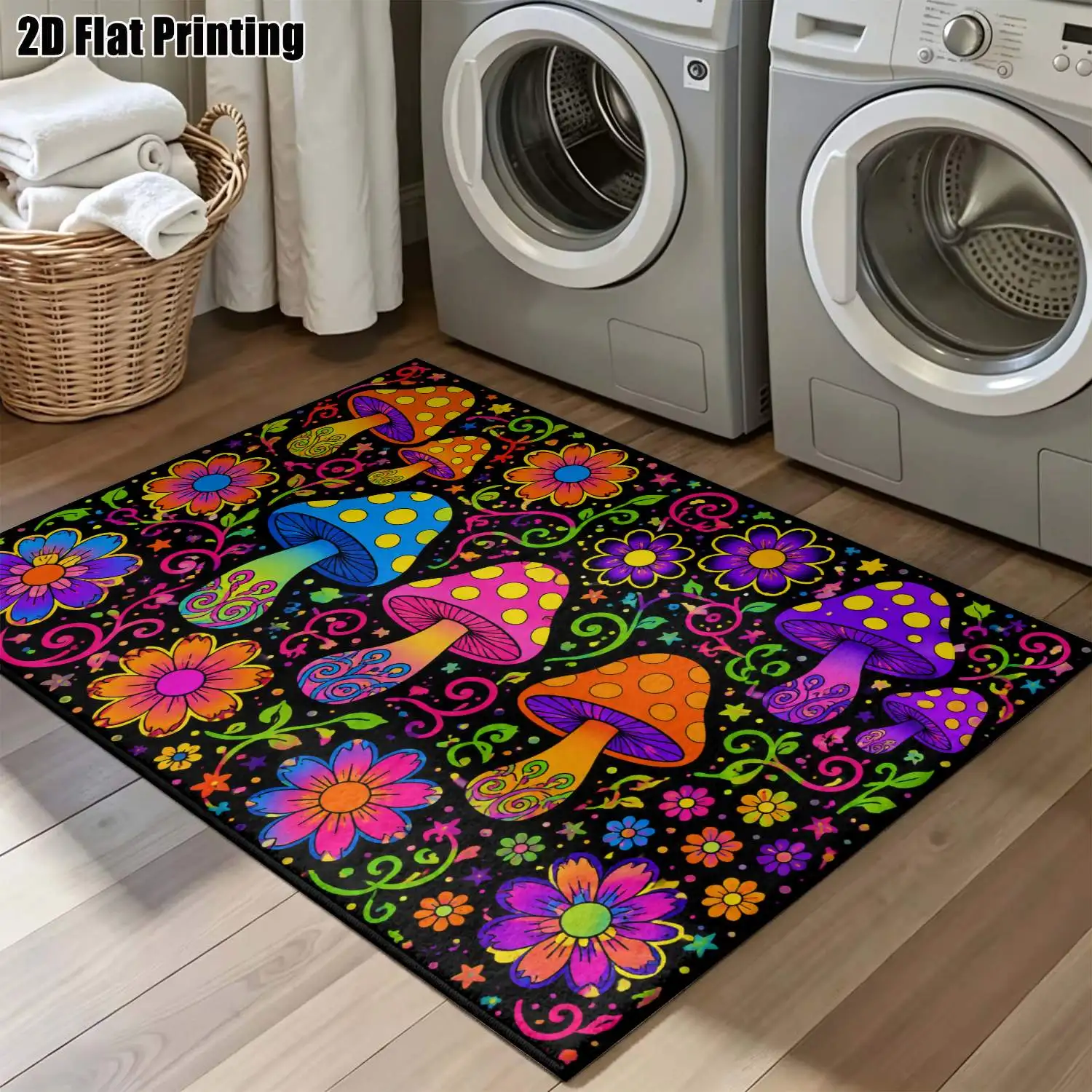 1Pc 2D Printed Carpet: Colorful Flower & Mushroom Patterns, Bohemian/Vintage/European/Instagram Style, Geometric Design, Home Decor, Multiple Sizes, Machine Washable, Suitable for Entrance, Dining, Foyer, Bedroom, Living Room