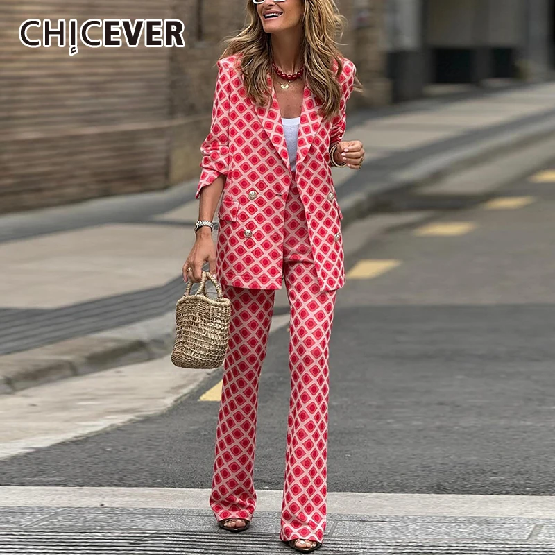 CHICEVER-Conjunto de dos piezas con estampado para mujer, abrigo de doble botonadura empalmado de manga larga con solapa, pantalones ajustados de cintura alta, traje elegante para mujer