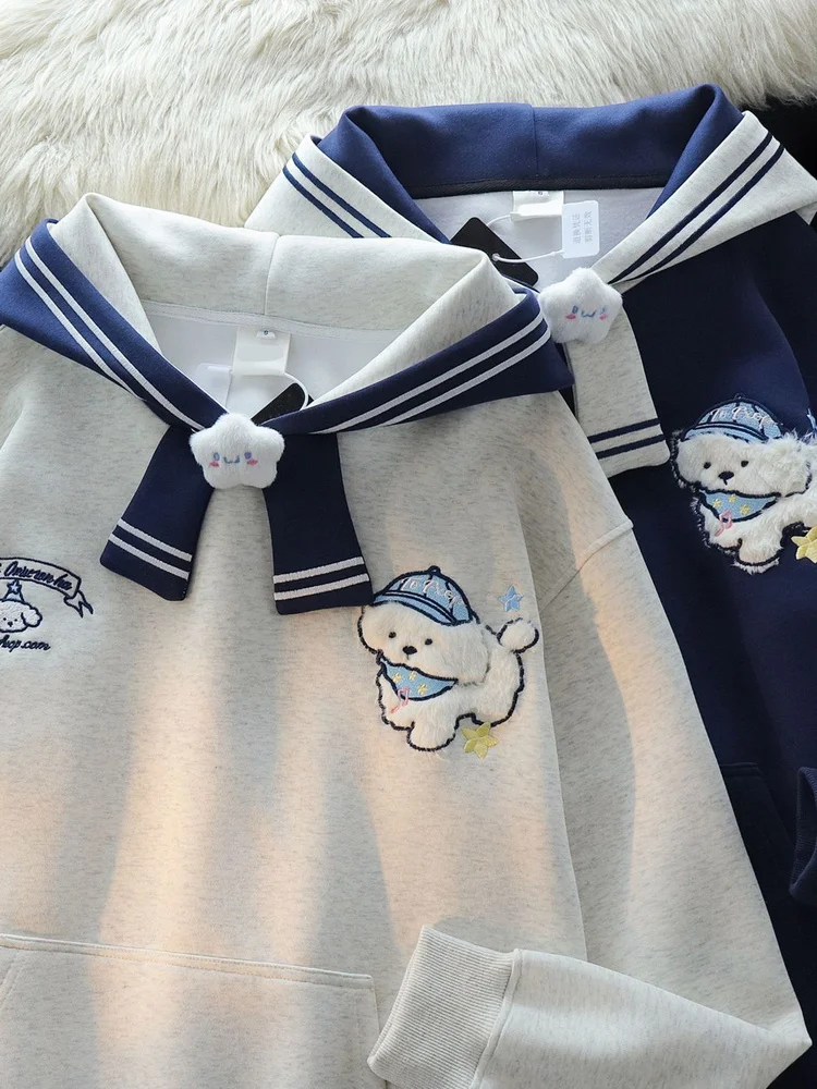 

Милая толстовка с капюшоном и мультяшным собачьим принтом, темно-синяя, для девочек, больших размеров, осенне-зимняя, свободная, утепленная, для школы, уличная одежда