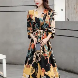 2024 Summer New Women's Chiffon V-Neck Tie Up with Printed Spliced Folds Half Sleeve Fashion Vintage Slim Commuter Dresses