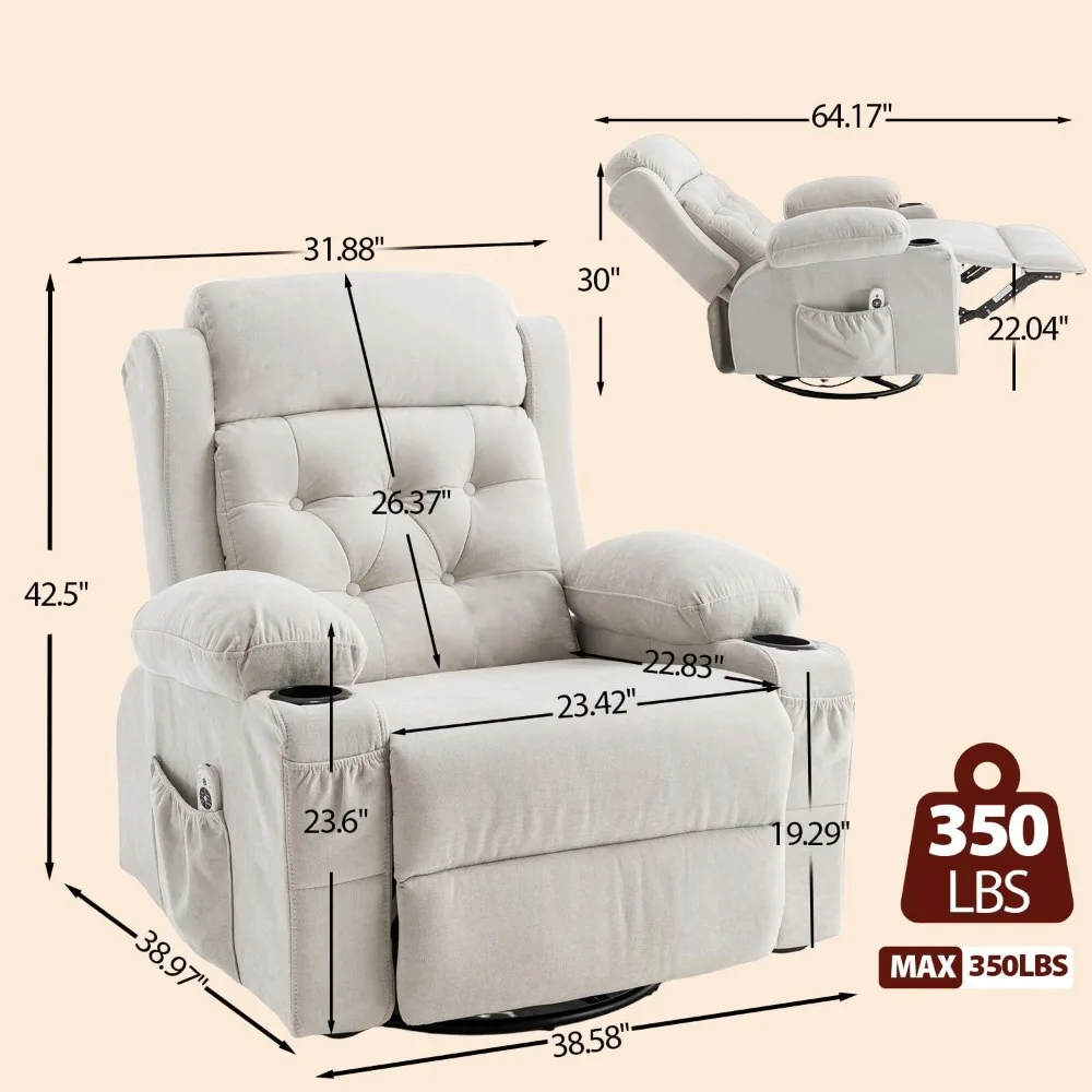 Cadeira reclinável de balanço estofada com massagem e calor, poltrona reclinável giratória ergonômica de meados do século para sala de estar