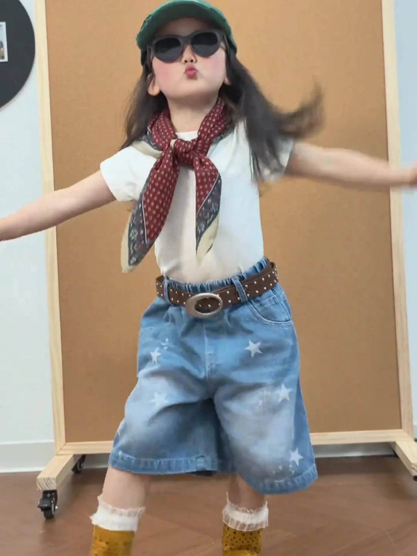 high-quality-spring-summer-children's-korean-style-set-silk-scarf-short-sleeve-t-shirt-versatile-cool-star-denim-pants-two-pi