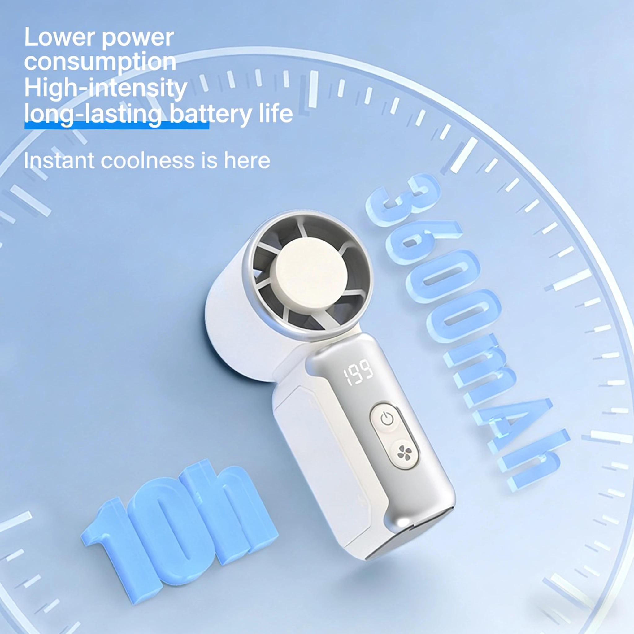 The mini fan is equipped with a brushless motor and has 199 adjustable gears. It is compact, portable and has a strong wind forc