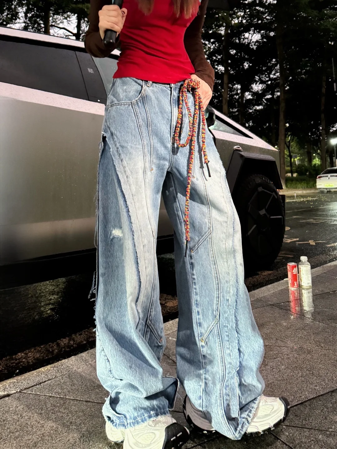 

Джинсы Lililiwj в американском ретро-стиле, модные, осенние, с эффектом потертости, синие, с дырками, широкие, в пол