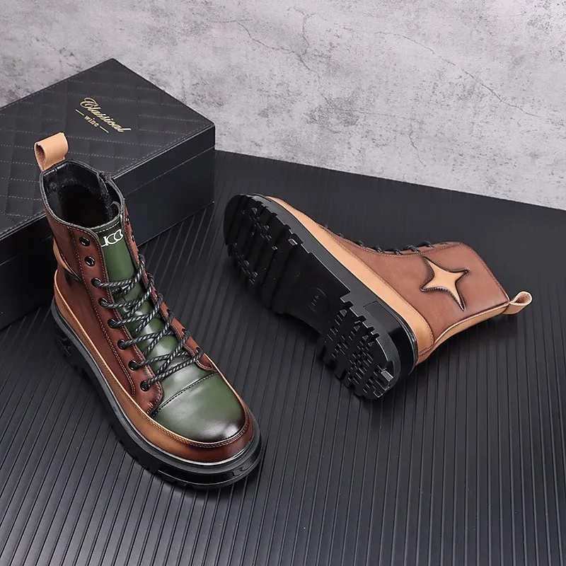 

Men's boots High top shoes men's full length board shoes increase casual leather boots white riding boots 2