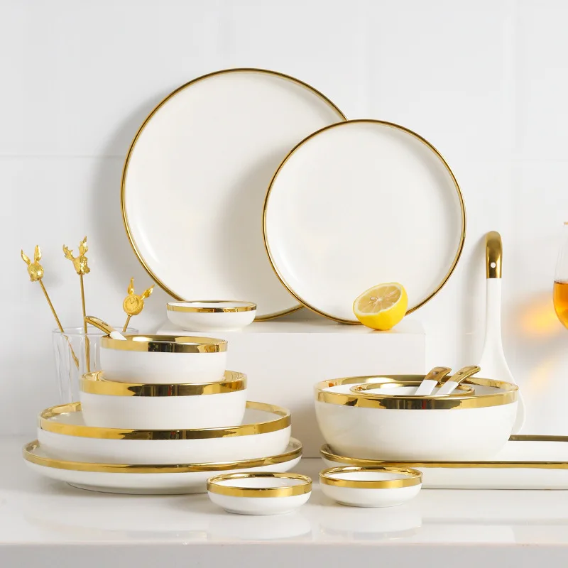 High Quality, Gold Edged Ceramic Bowls and Plates, Circular Household Dining Plates, Desserts, Dishes, Sushi, Kitchen Utensils