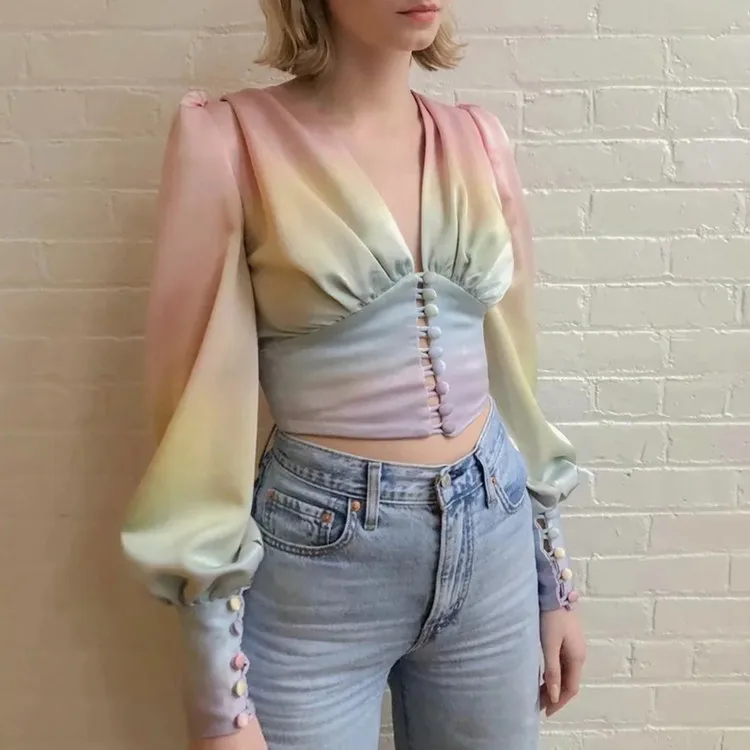 

2026 Spring/Summer New Arrival - Elegant Retro Color Gradient V-Neck Single-Breasted Lantern Sleeve Short Shirt