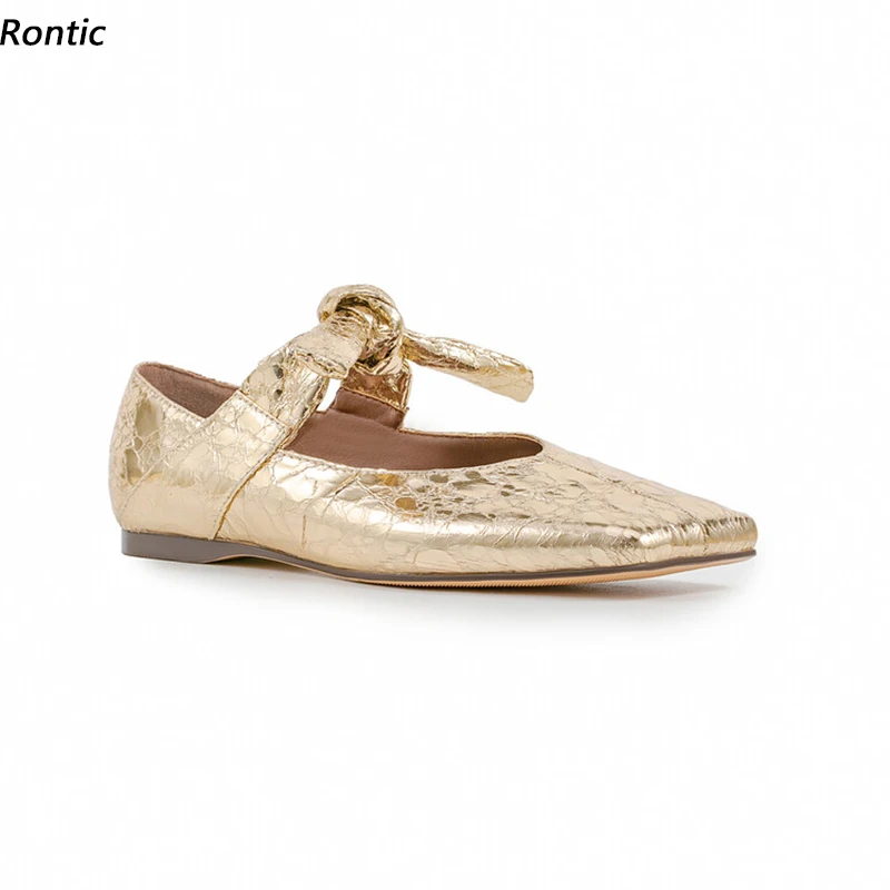 Rontic New Stylish Women Spring Flats Crack Style Square Toe Pretty Gold Ballet Shoes Ladies US Plus Szie 5-13