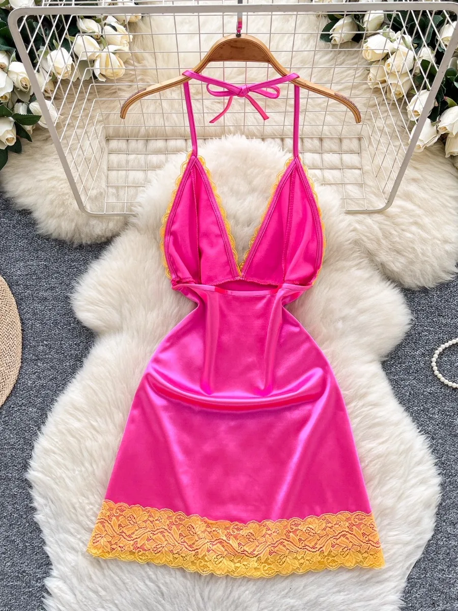 Foamlina celebridade vintage halter sling vestido feminino verão profundo decote em v renda guarnição cetim bodycon mini saia vestidos curtos