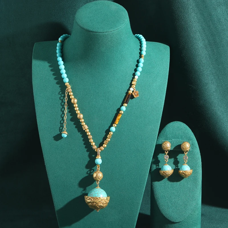 Vintage Turquoise Balls Jewelry Sets Beads Pendent Necklace Drop Earrings Gold Color Festival Accessories Woman 2026 High Luxury