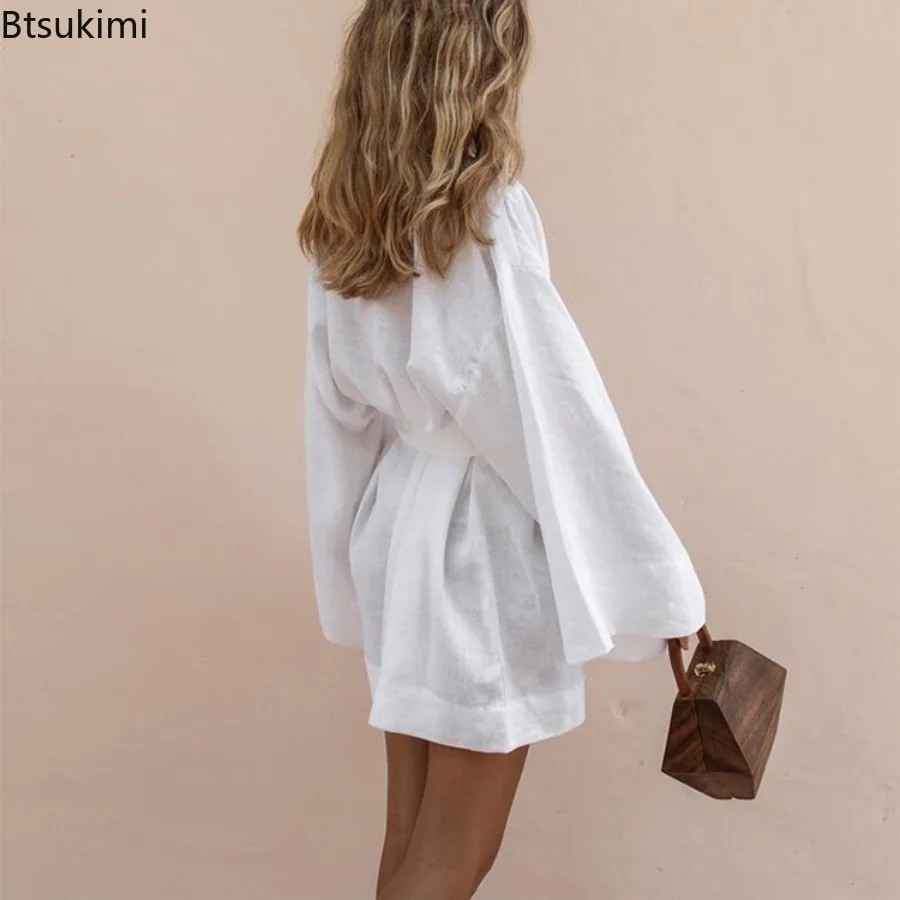 Robe unie en coton et lin pour femmes, manches longues, ceinture, jupe respirante, décontractée, Style Simple, Kimono, ample, mi-longue, chemise