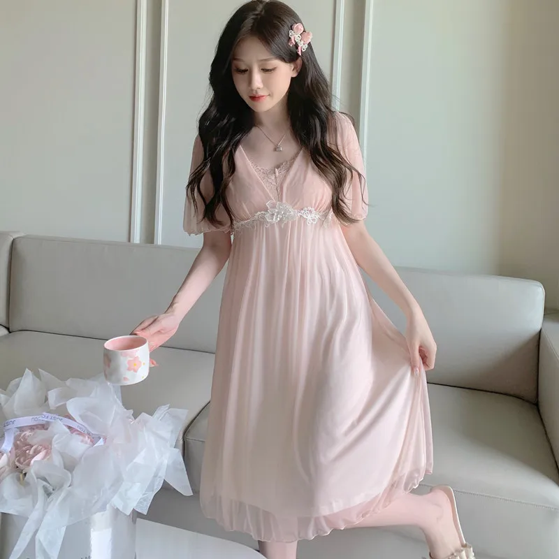 Summer Mesh Lace Sleepwear Gown Female Nightdress Bathrobe Dress Loungewear Elegant French Style Nightgown Sleepshirt Home Wear