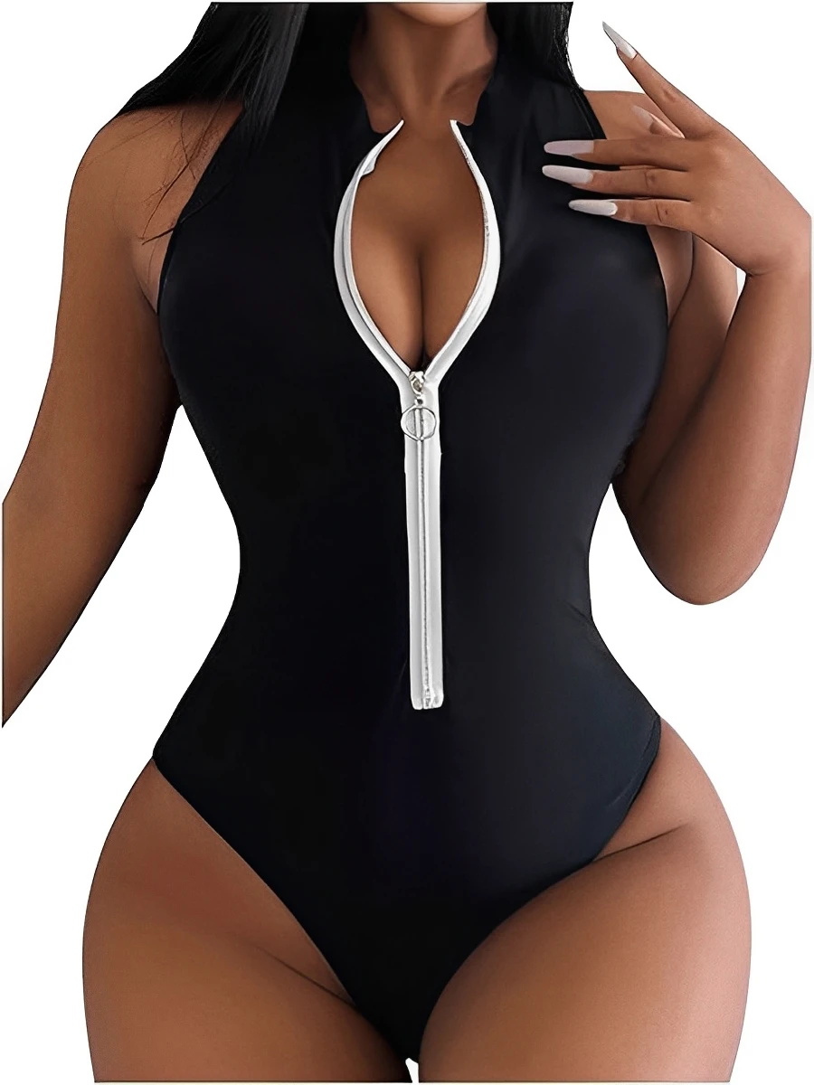 2026 Zipper Swimsuit Women One Piece Slim Swimwear Female Solid Sleeveless Bathers Bathing Swimming Swim Suit Beachwear XXL