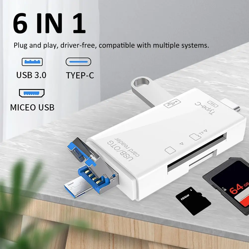 Micro USB Mini Phone Adapter 6-in-1 Mult USB 3.0 Card Reader Type-C TF-SD Card Reader Laptop OTG Adapter All in one