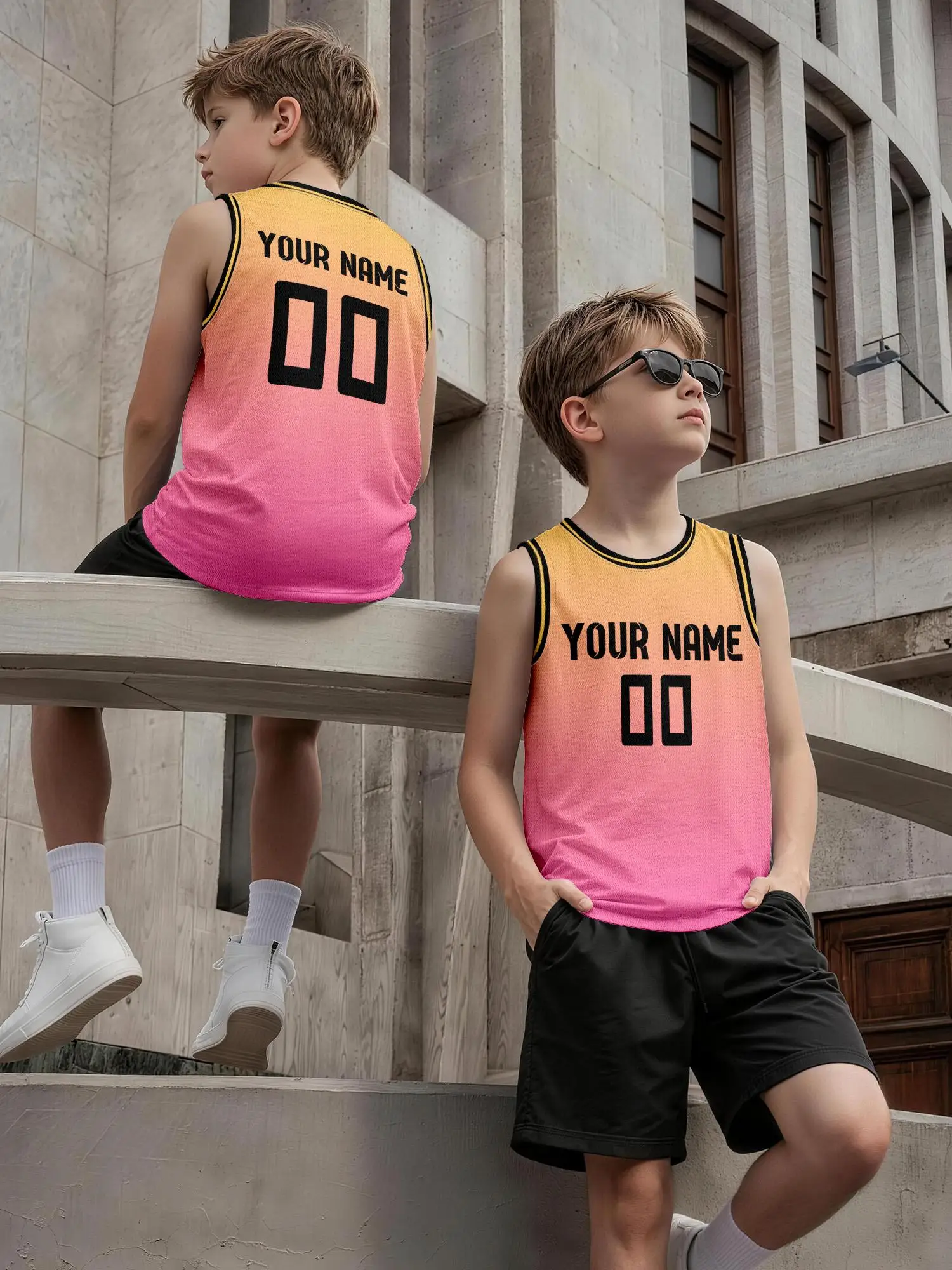 Yellow‑Pink Gradient Black Trim Custom Basketball Jersey, Print Name & Number, Breathable Quick‑Dry for Kids Adults view 3