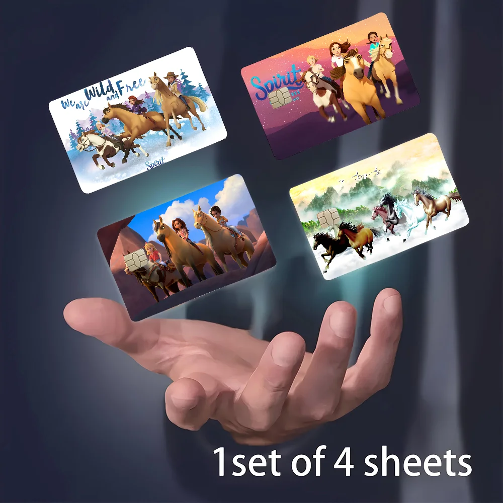 Spirit Riding Free Horses, 1 Juego de 4 Uds., película adhesiva, funda de piel para tarjeta de crédito pequeña y grande sin Chip, lado frontal