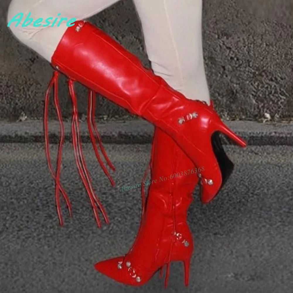 Pointed Toe Thin Heels Side Zipper Shoes for Women Red Leather Multi-Zipper Fringe Knee High Boots Sexy Punk Cool Style Shoes