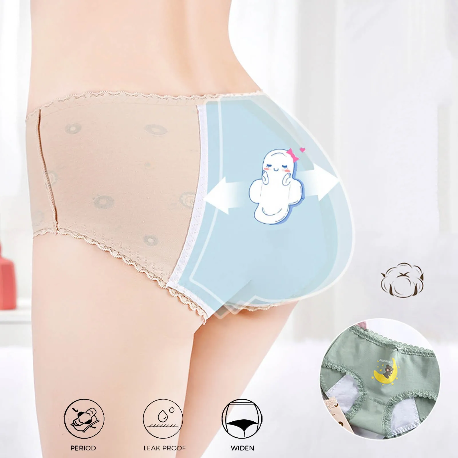 Menstrual Period Leak Proof Heavy Flow Underwears Women Cute Printed Bow Lingeries Low Waisted Lace Patchwork Underpants