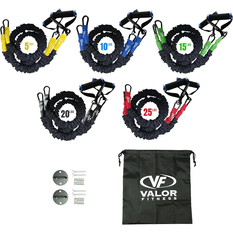 

Valor Fitness Resistance Bands 5lb to 25lbs Carabiners Attached 2 Bands per Weight Option with Handles Sheath Covered Strength
