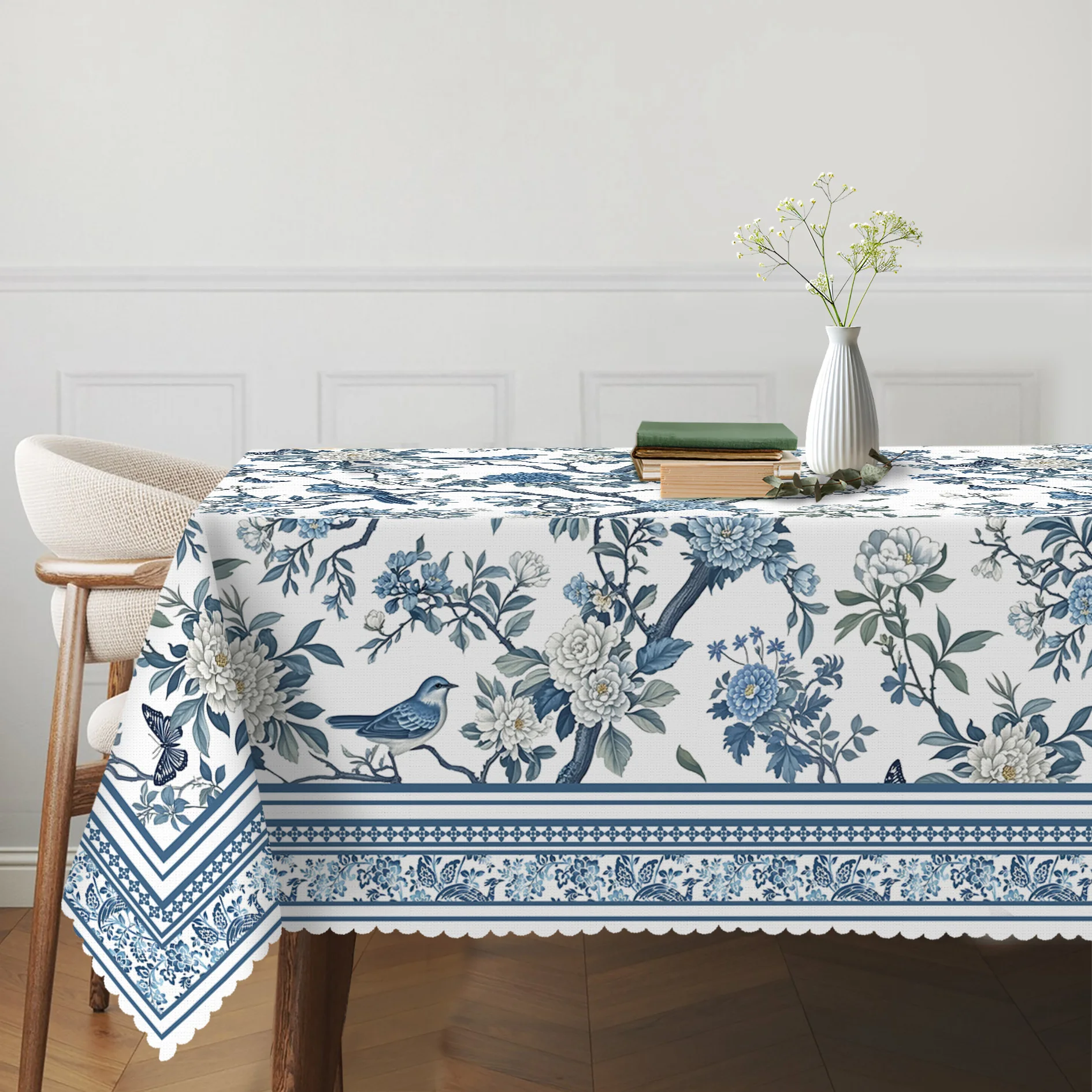 1 Blue White Rectangular Tablecloth, Classic Porcelain Floral Oriental Design, 100% Polyester, Machine Woven, Spring And Summer