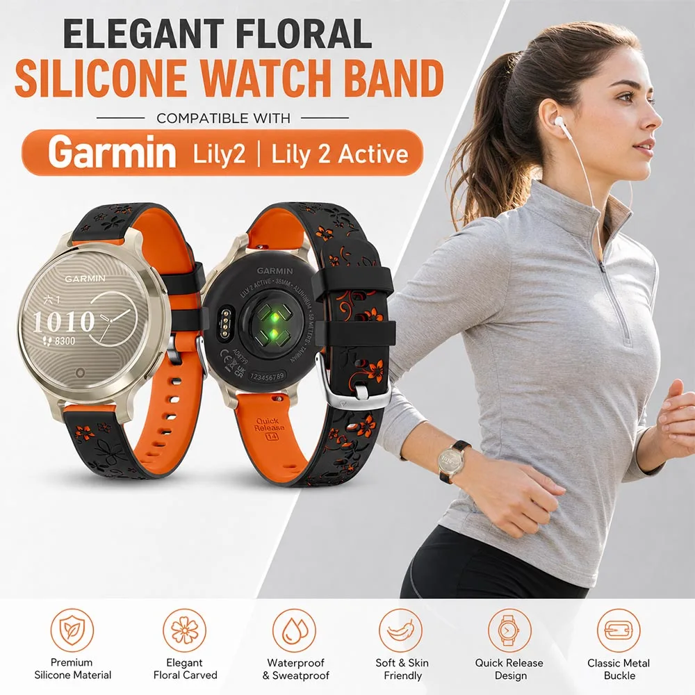 Floral Engraved Silicone Strap for Garmin Lily2 Band 14mm Watch Band Replacement Wristband for Garmin Lily2 Lily2 Active Strap