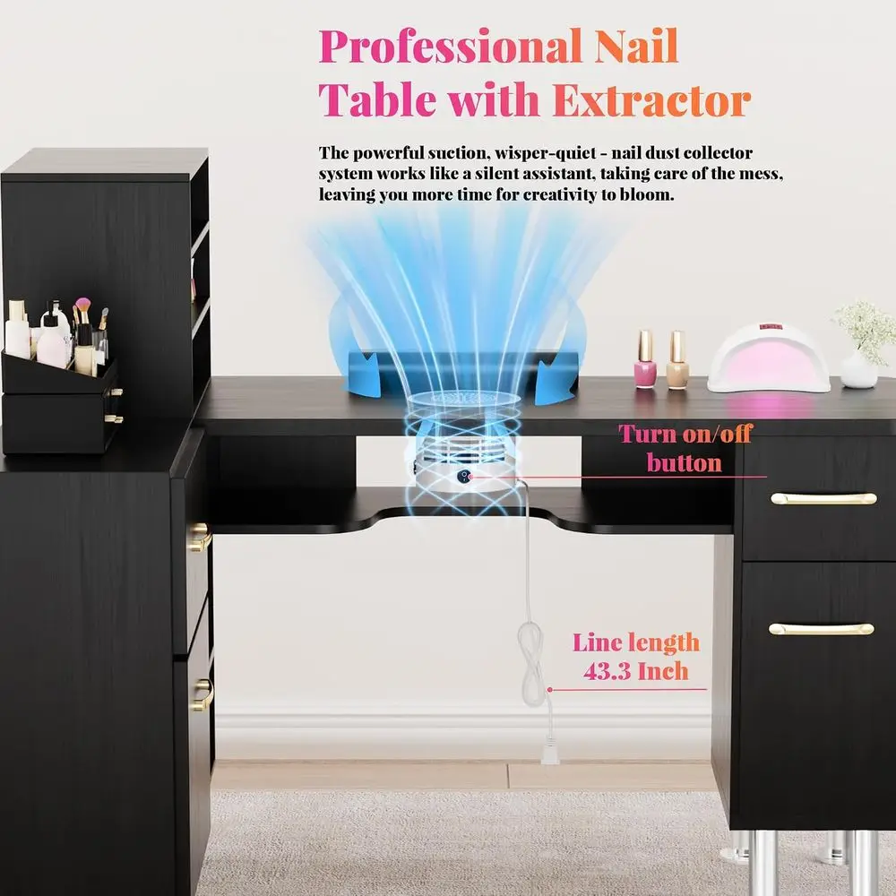 L-Shaped Manicure Desk with Dust Collector, Storage Cabinets, Shelves, Metal Handles, Legs, and Wrist Rest in Black