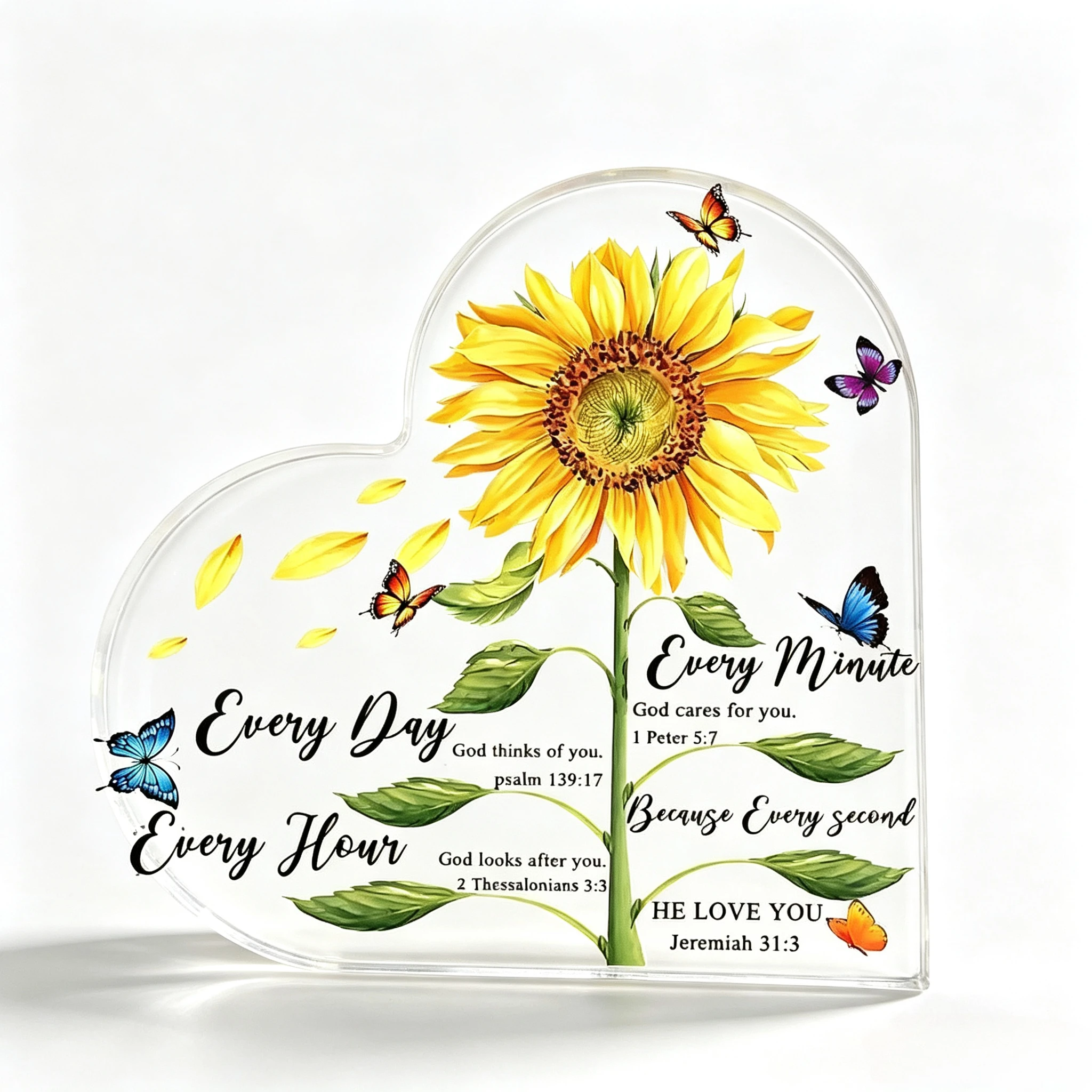 Heart‑Shape Acrylic Sign, Sunflower Butterfly Bible Verse Desktop Ornament, Christian Faith Table Decor, Religious Inspirational Encouragement Gift, 2D Flat