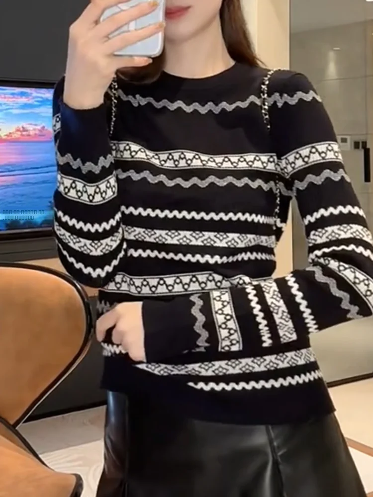 

Korean Sle round Ne Printed Sweater Autumn New plus Size Ele Versatile Slimming Top Warm Long Sve Camere Sweater