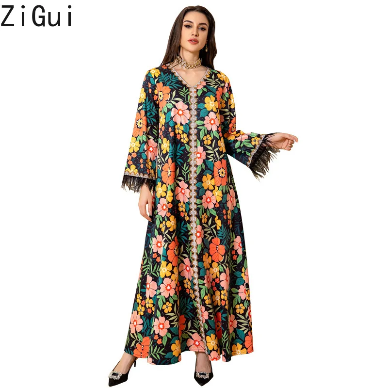 

Zigui Arabic Dress Woman Sun Flower Printed Hot Diamond Neck Feather Sleeve Kaftan Muslim Islam Dubai Dresses for Women