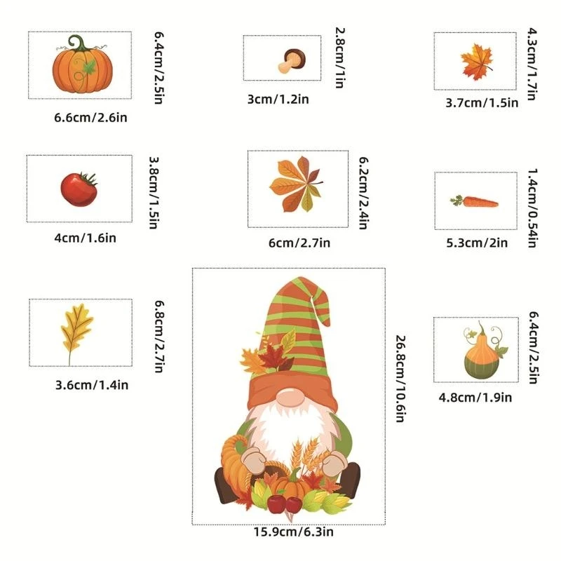 6 Sheets Autumn Thanksgiving Gnomes Window Clings Decal Fall Pumpkin Maple Electrostatic Stickers Glass Refrigerator Wall