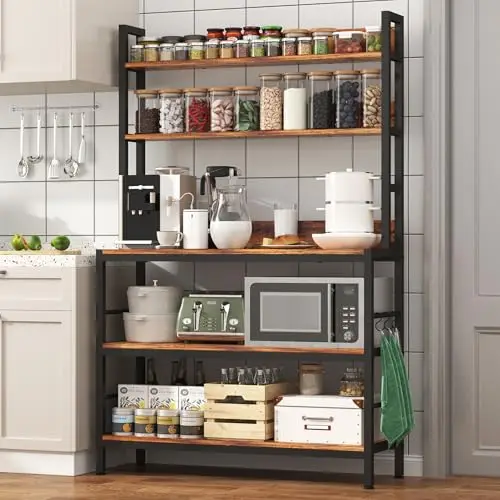 Kitchen Bakers Rack with Storage Shelves,5-Tier Free Standing Storage Shelf Rack with Hooks,Industrial Microwave Stand
