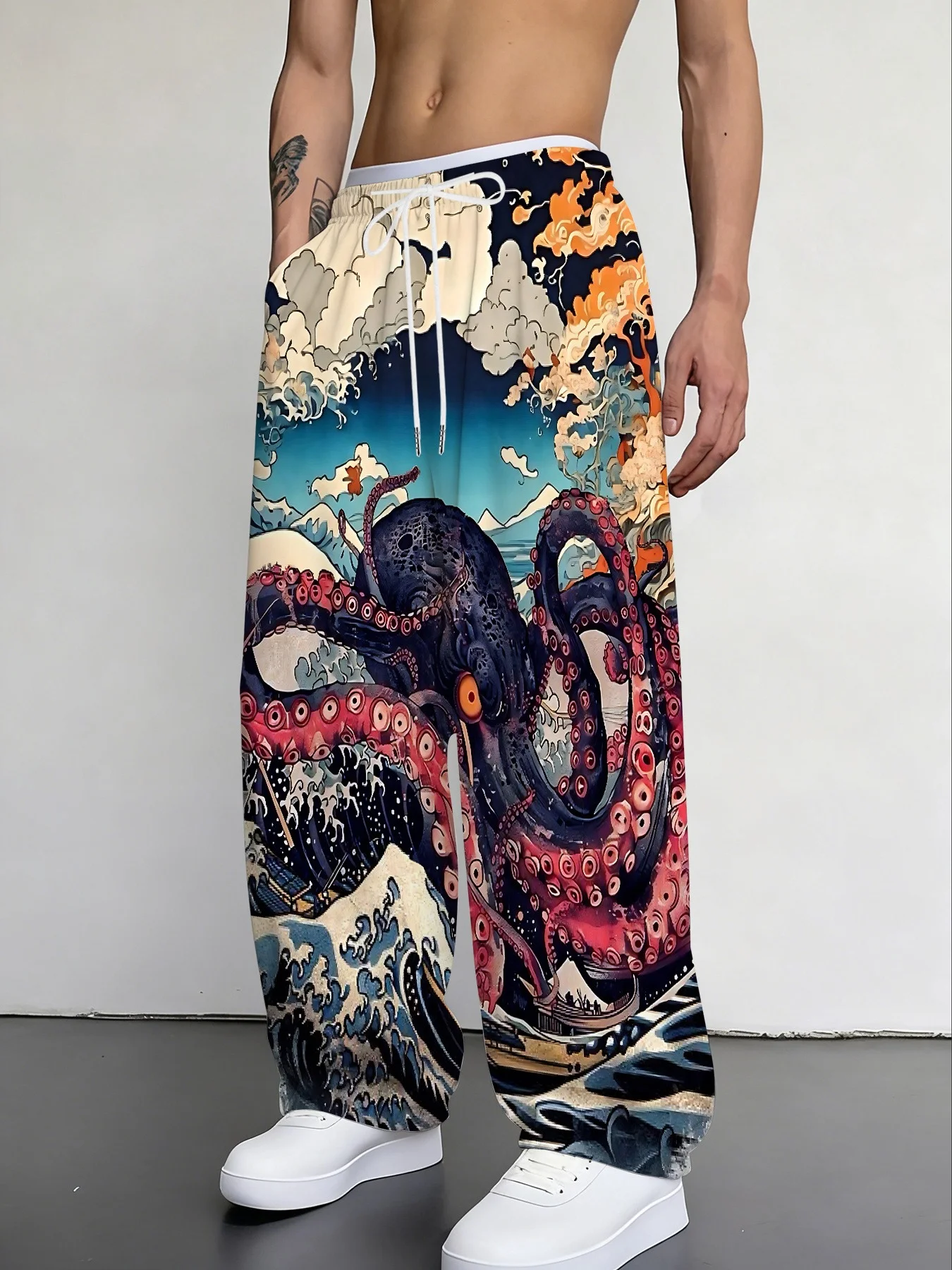 Japanese Ukiyo-e Art Pants Giant Octopus Kreken Kanagawa Wave Pattern Drawstring Elastic Waist Loose Casual Pants